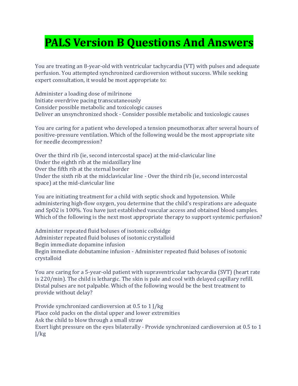 PALS Version B Questions And Answers/ Download To Score A+ Browsegrades