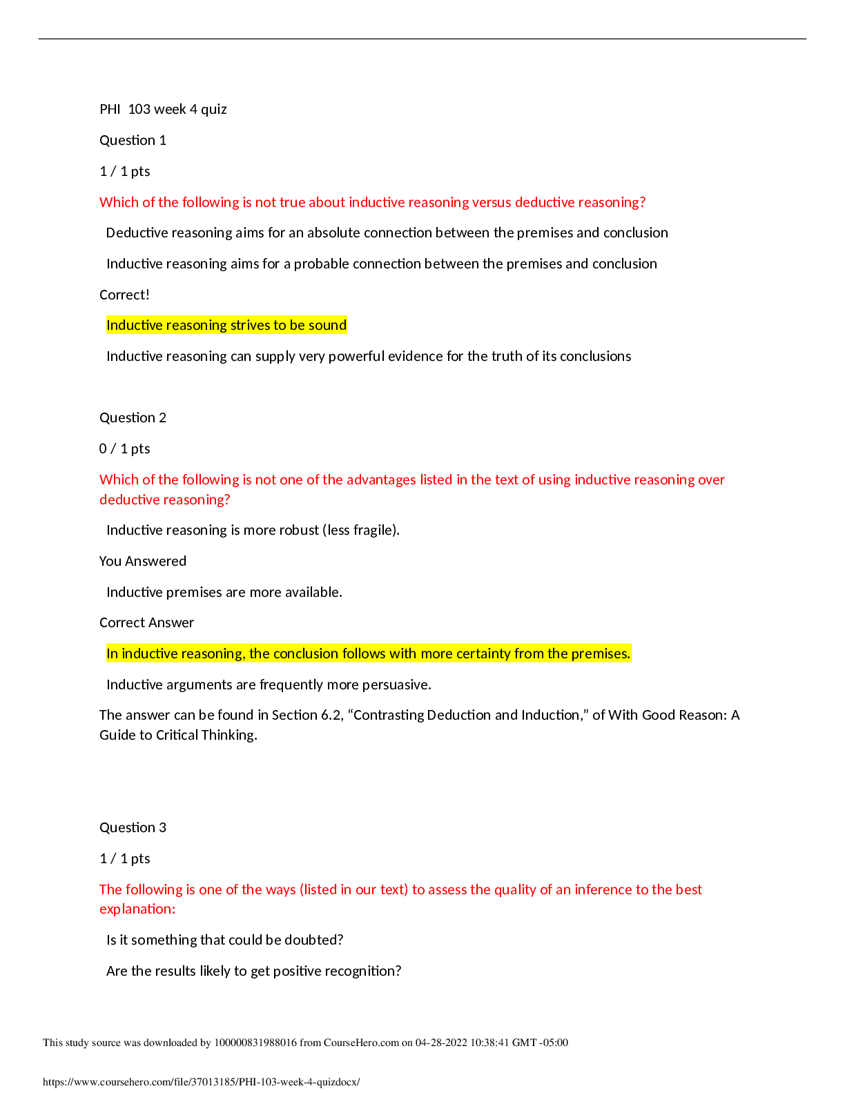 PHI_103 Week 4 QuizQuestions and Answers Browsegrades