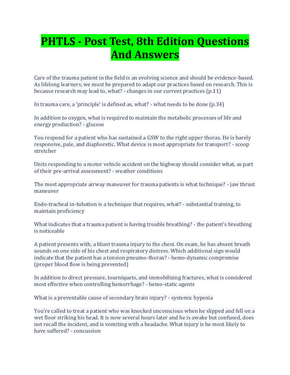 PHTLS 9th Edition Self-test Questions and Answers (2022) (Verified.