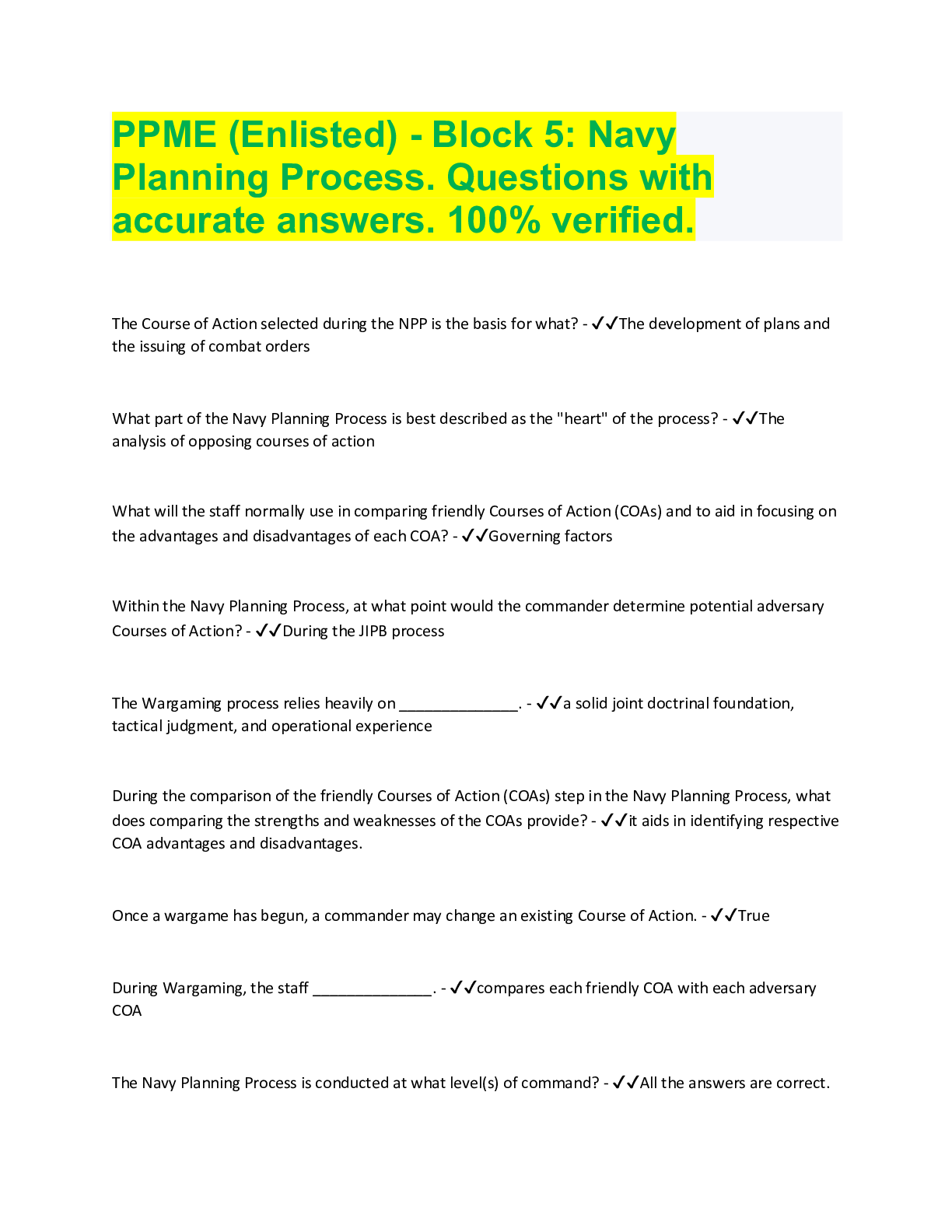 PPME (Enlisted) Block 5 Navy Planning Process. Questions with accurate answers. 100 verified