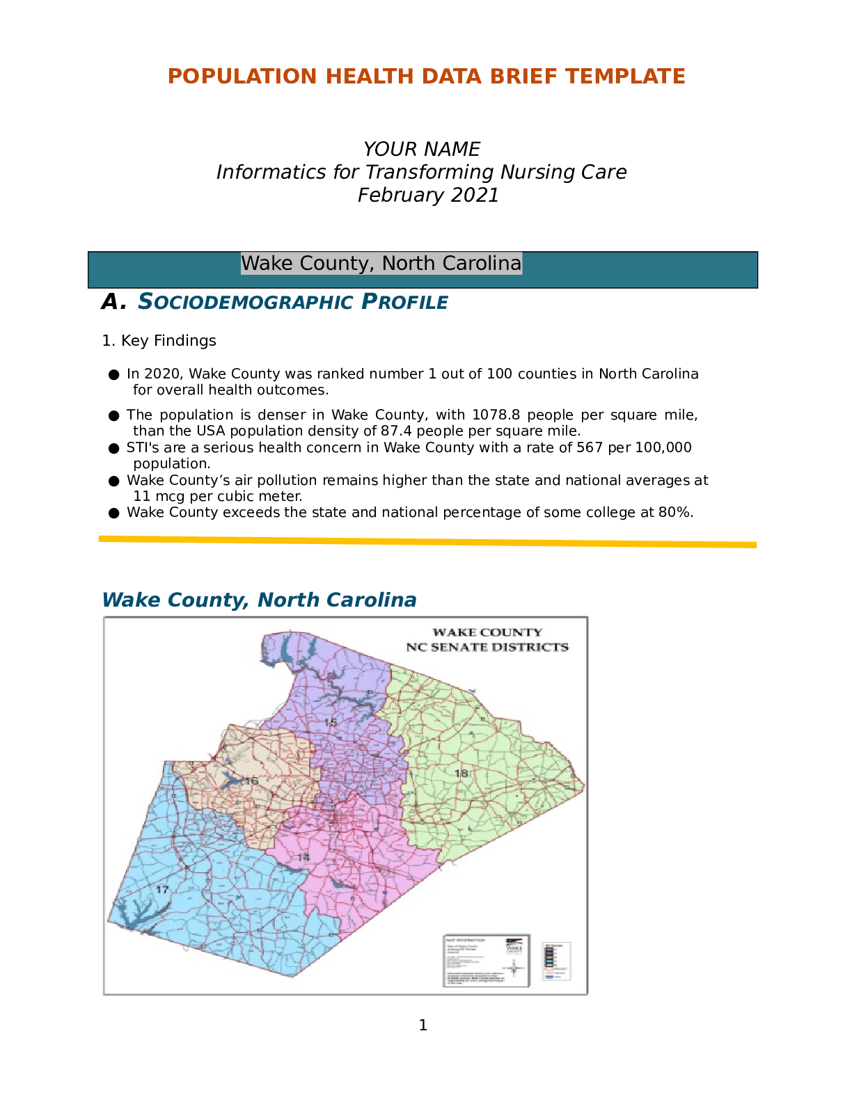 WGU D029_Population Health Data Brief Wake County_Informatics for Transforming Nursing Care