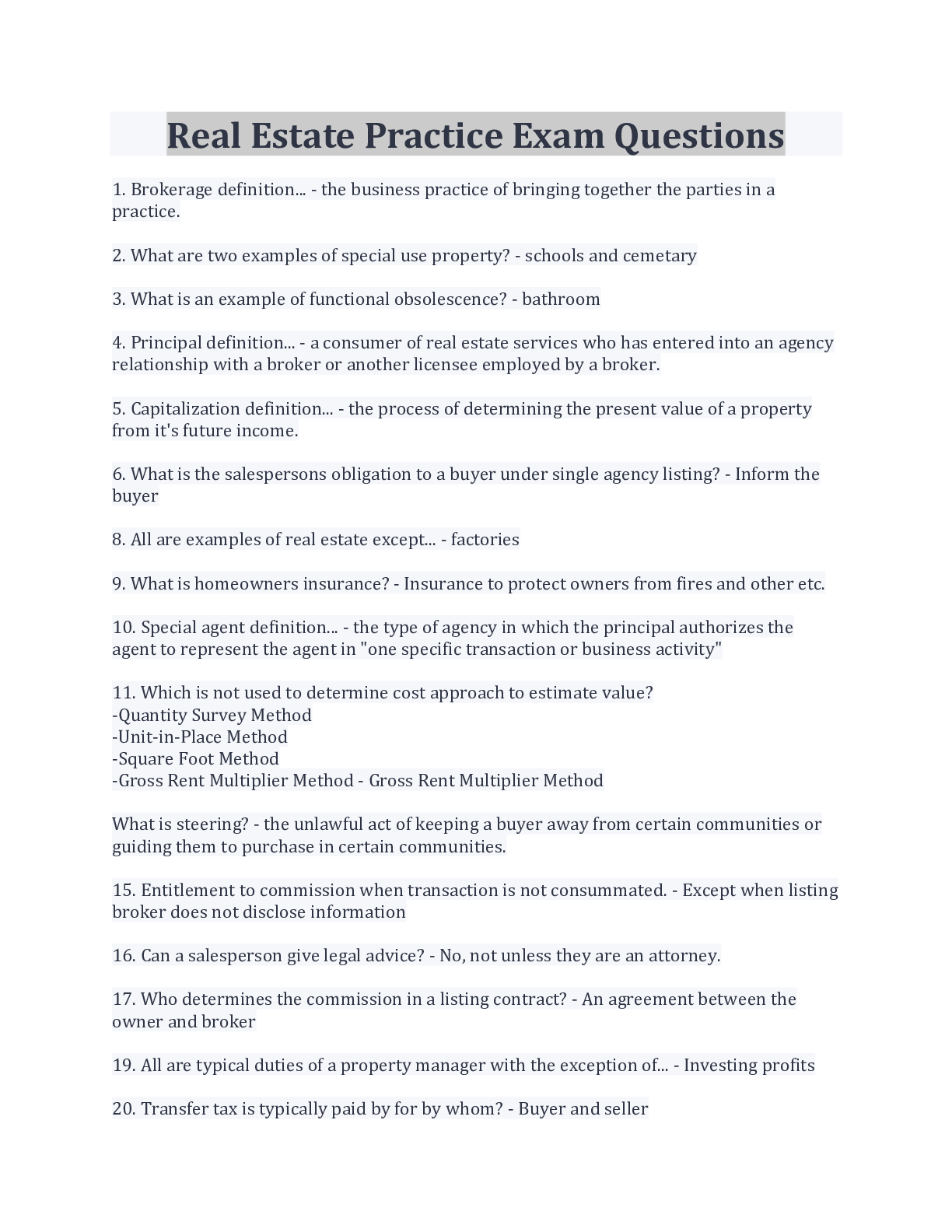 Real Estate Practice Exam Questions And Answers 2022 Browsegrades