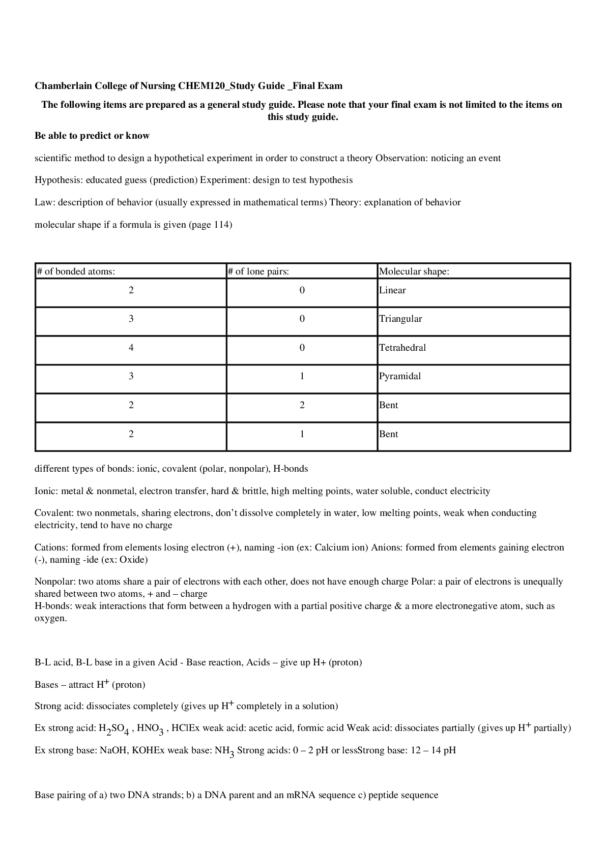 CHEM 120/CHEM 120 Study Guide Final Exam Chamberlain College of Nursing