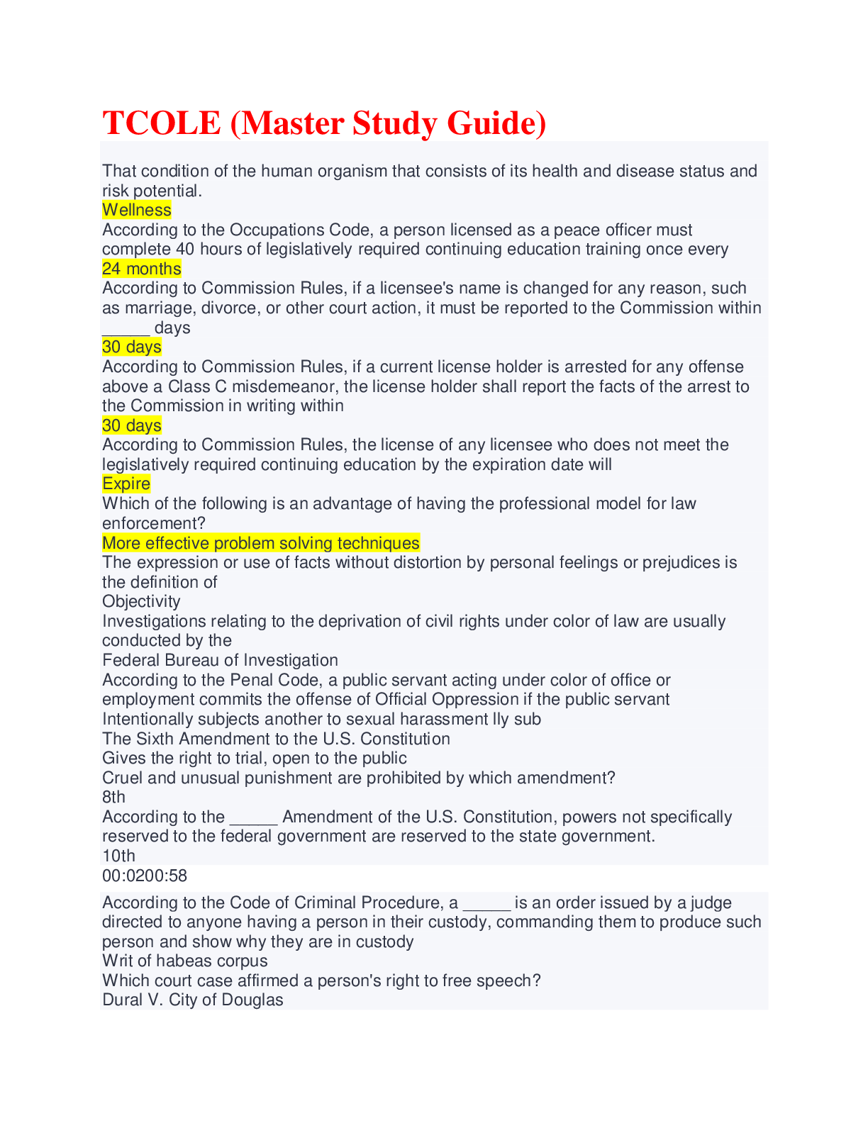 TCOLE Master Study Guide with Possible Questions and Answers/Rated A+