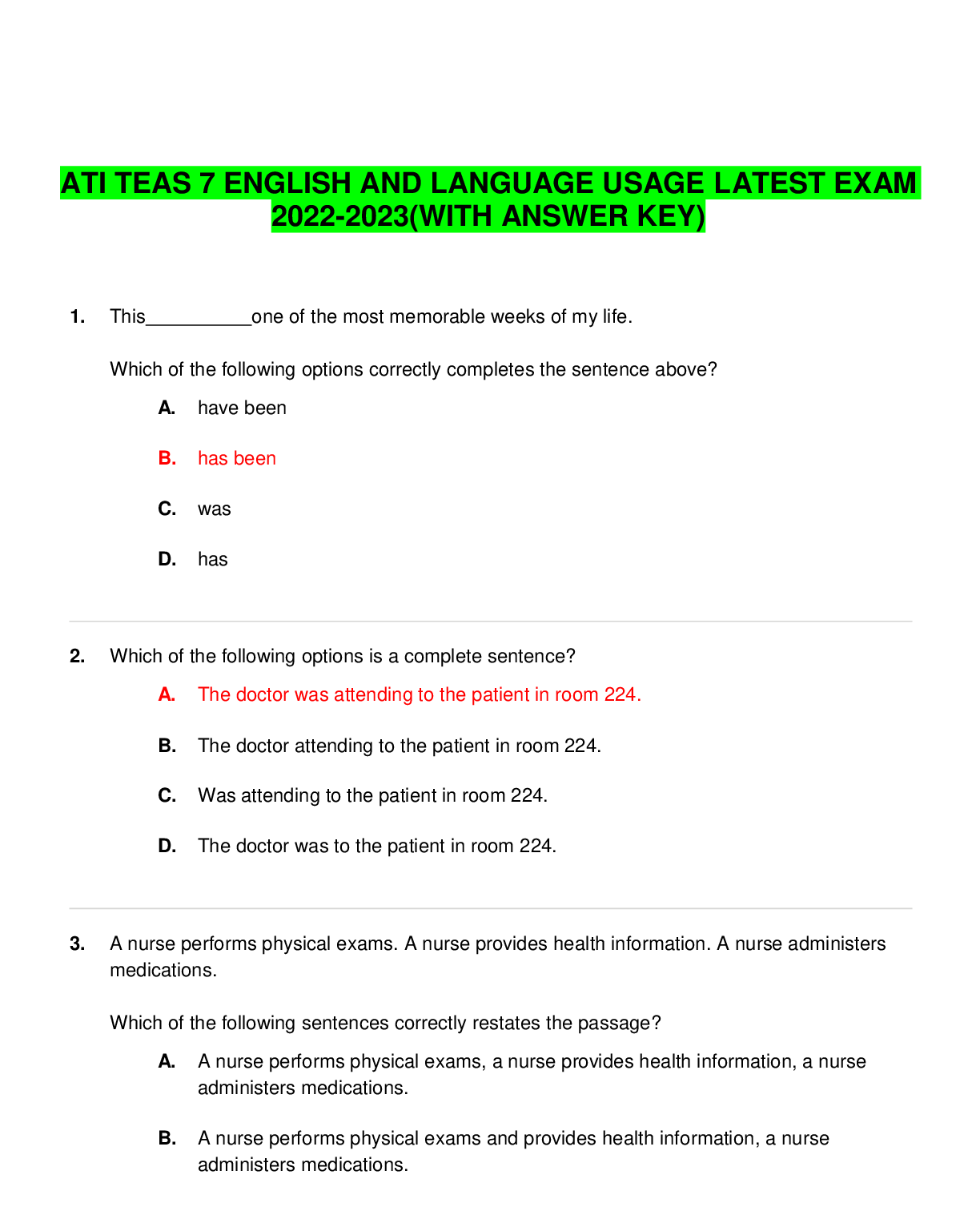 ATI TEAS 7 ENGLISH AND LANGUAGE USAGE LATEST EXAM 20222023(WITH ANSWER
