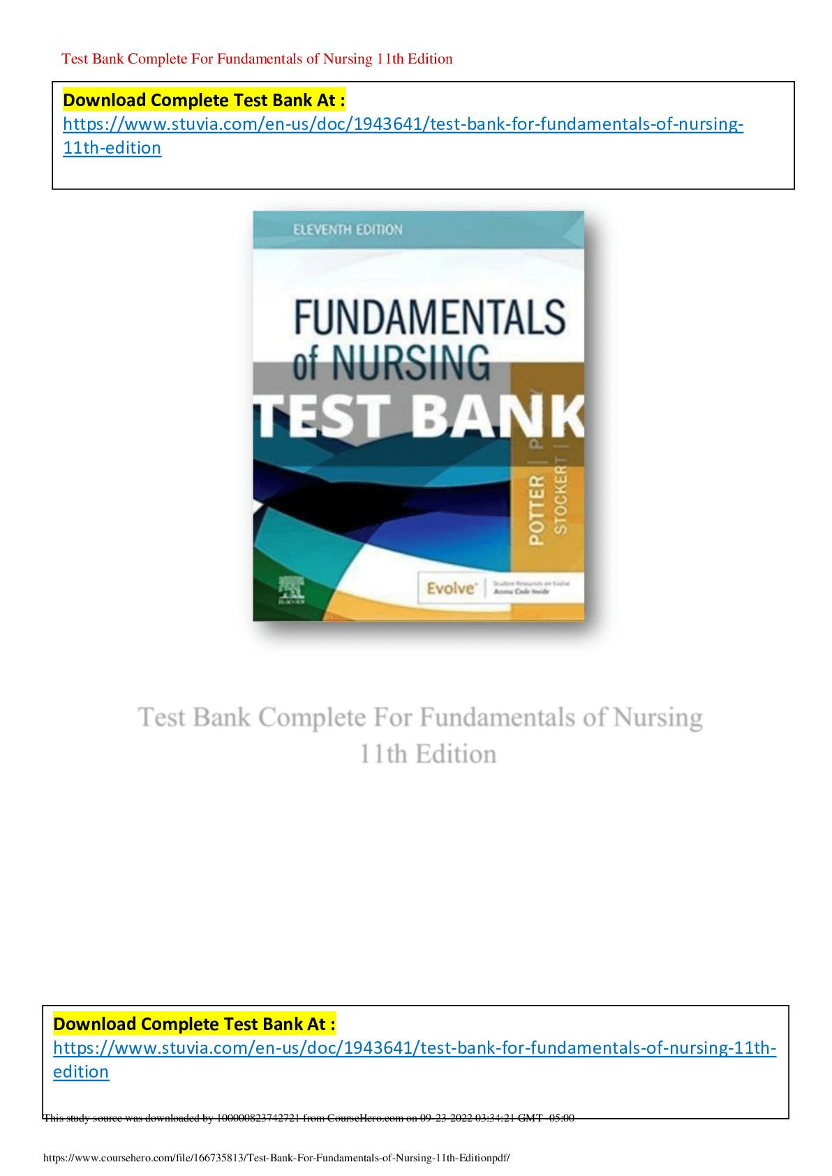 Test Bank for Fundamentals of Nursing 8th Edition Potter