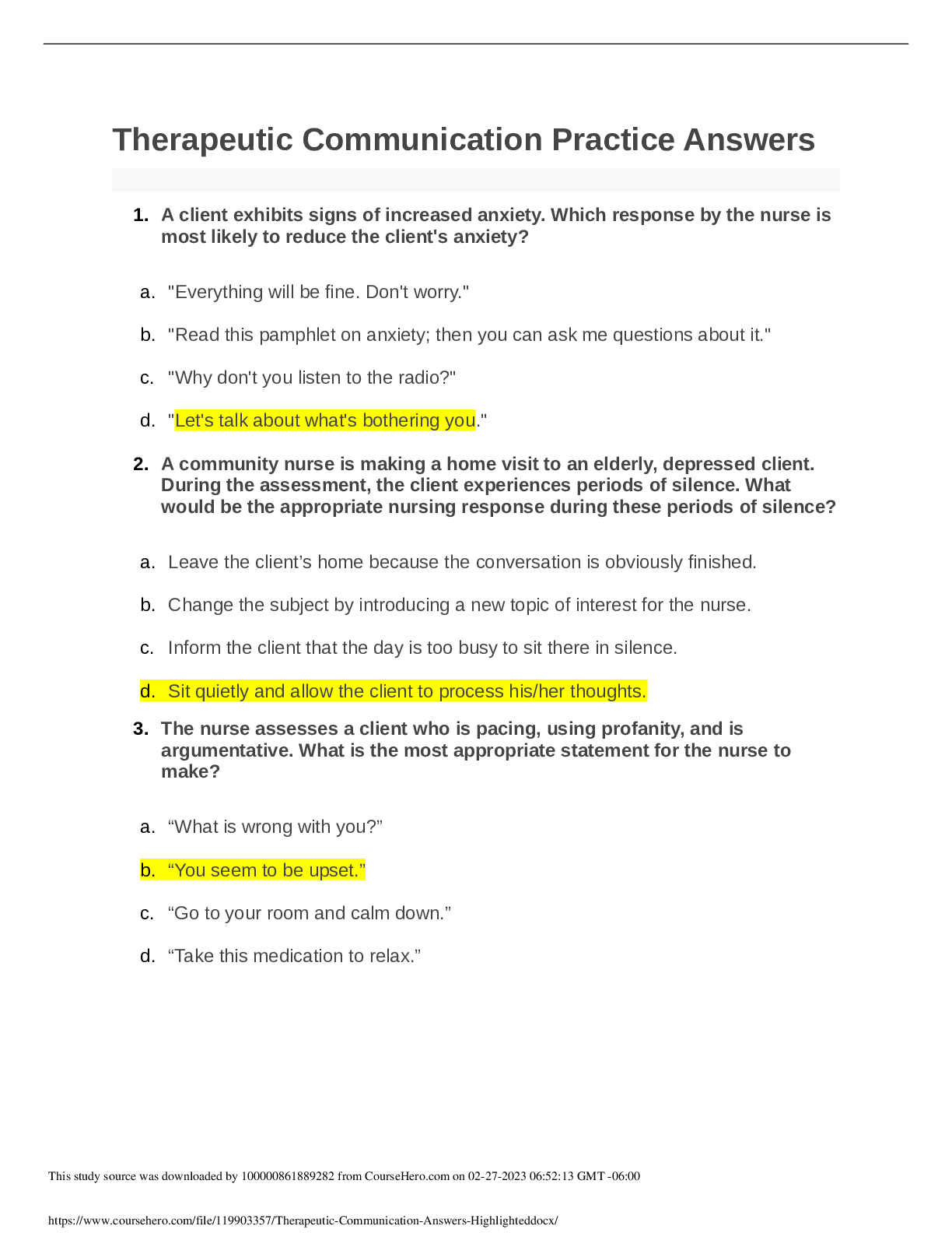 Therapeutic Communication Practice Questions and Answers Browsegrades