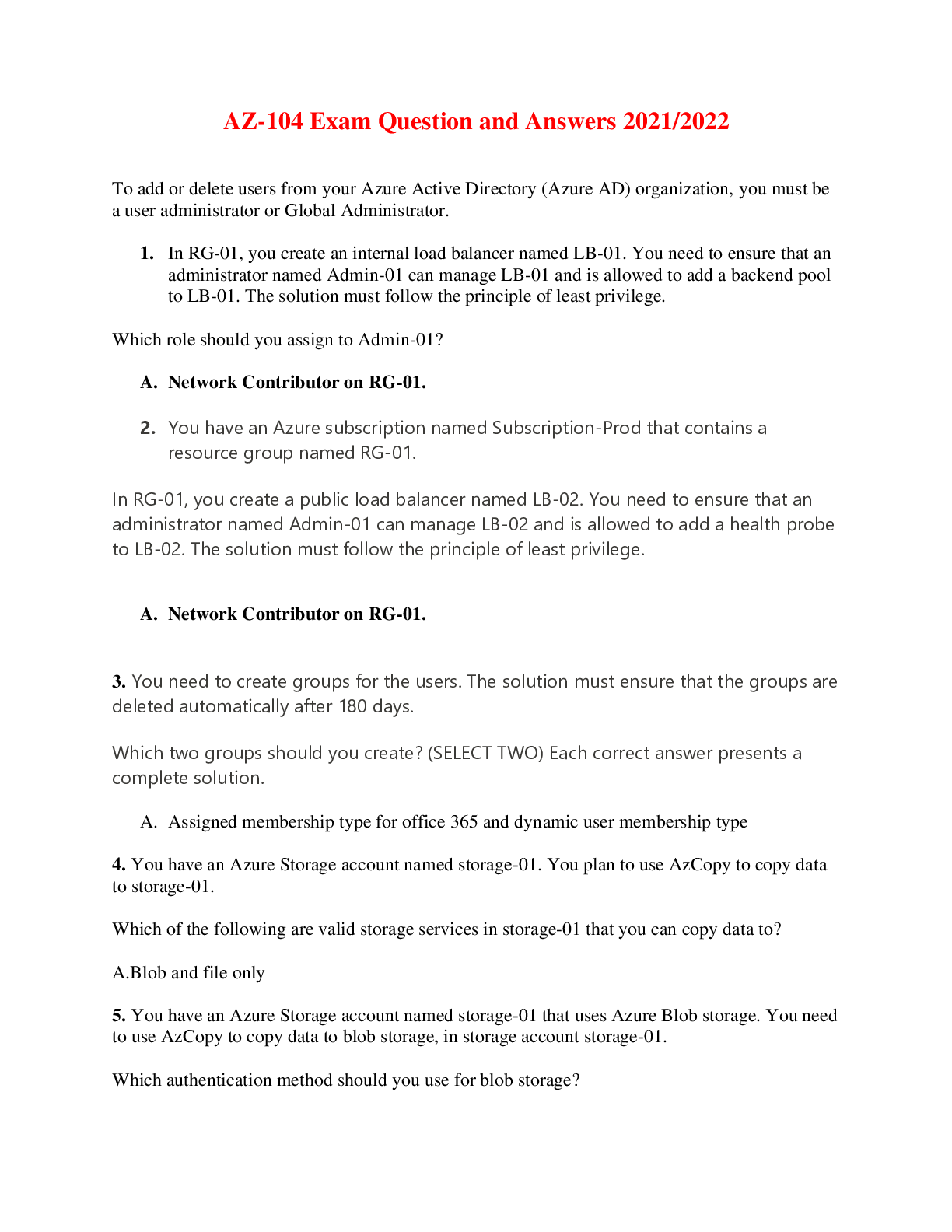 AZ104 Exam Question and Answers 2021/2022 Browsegrades