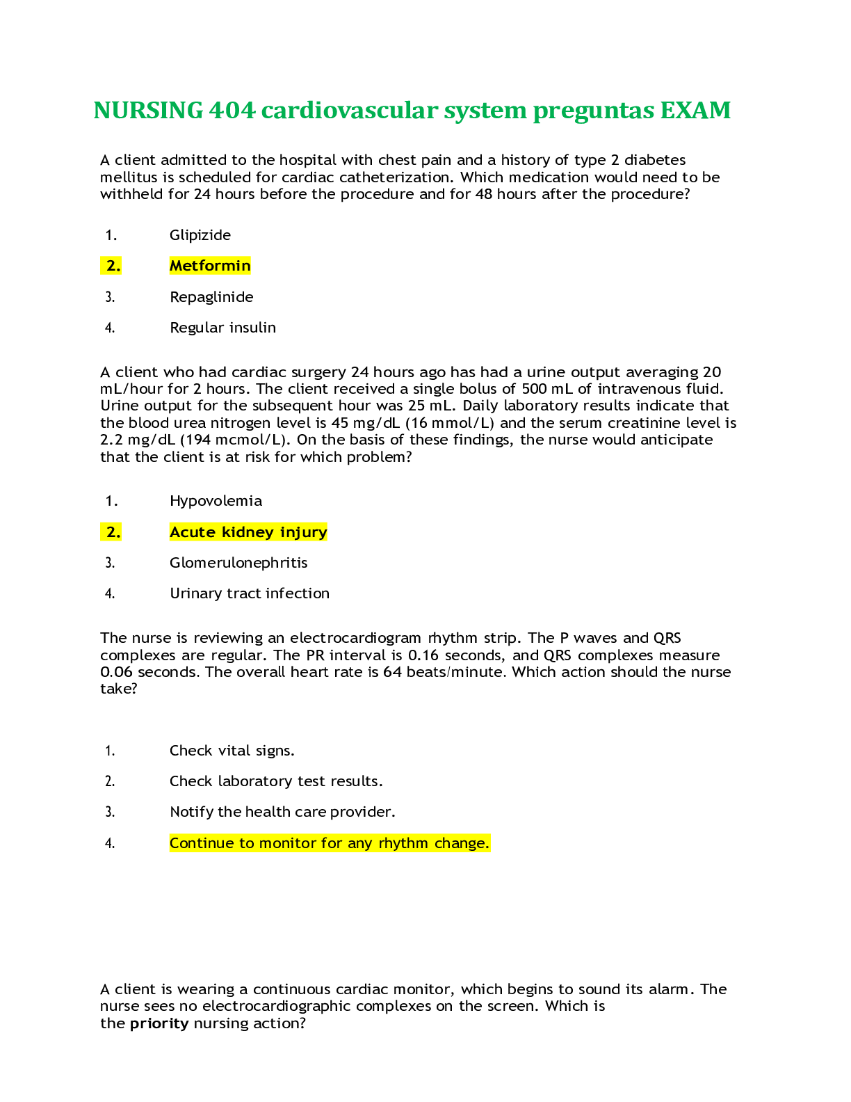 NURSING 404 cardiovascular system preguntas EXAM (Cardiology