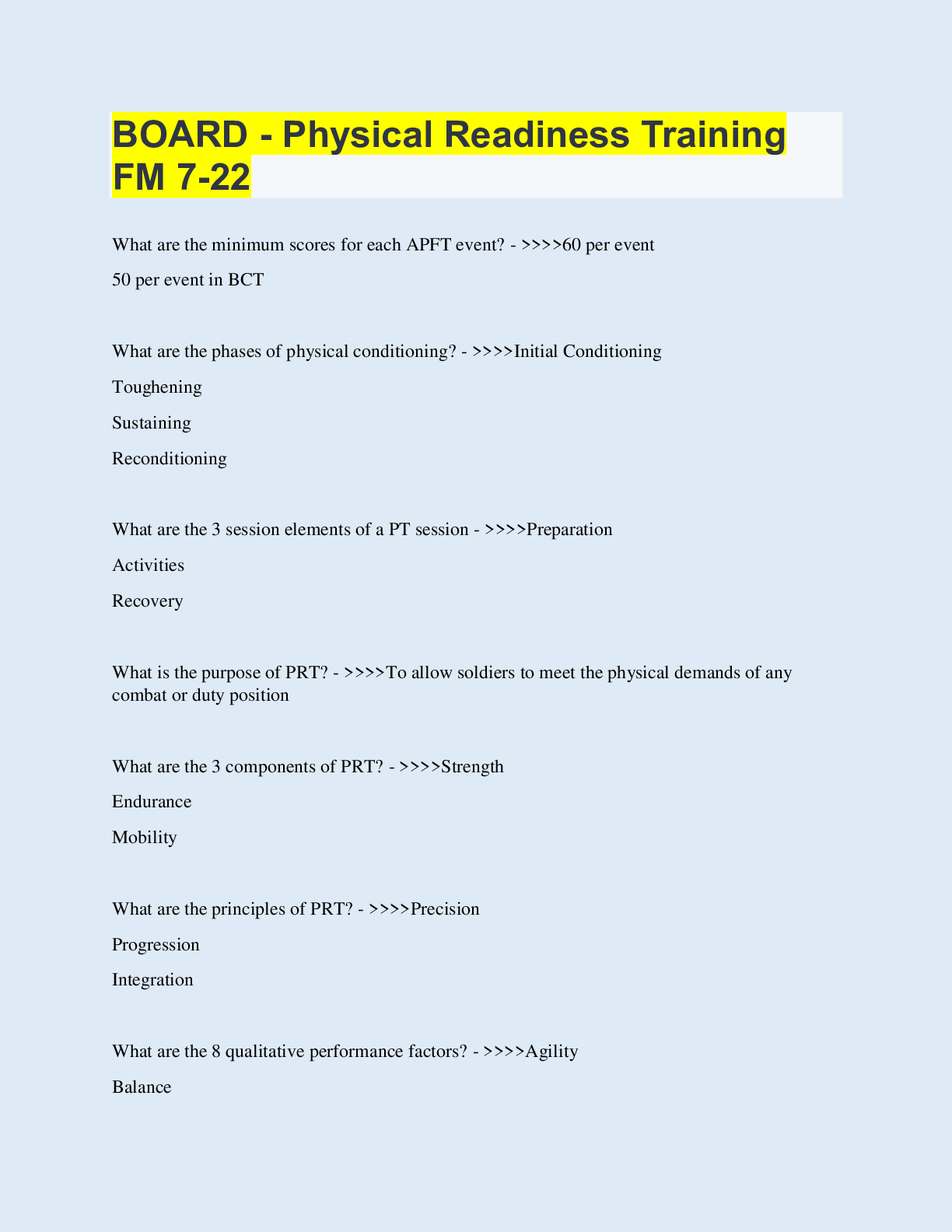 BOARD - Physical Readiness Training FM 7-22 | with 100% Correct Answers