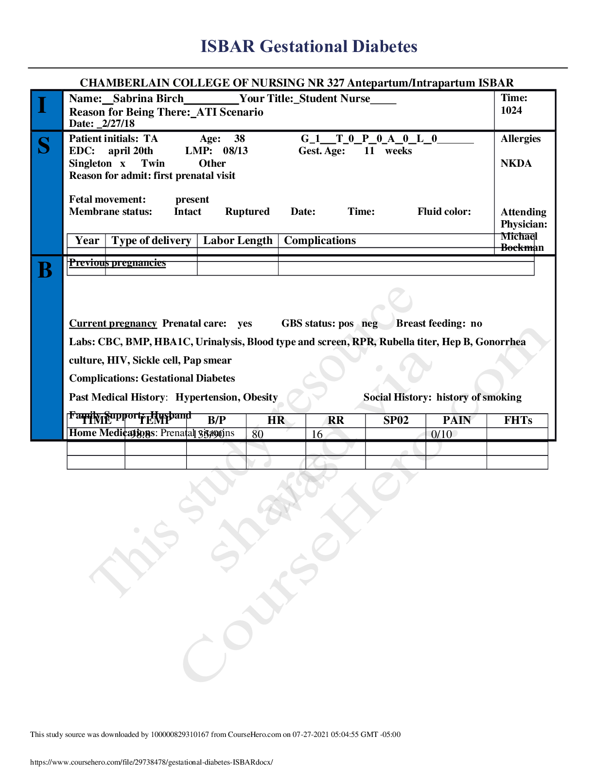 ISBAR Gestational Diabetes,GRADED A. Browsegrades