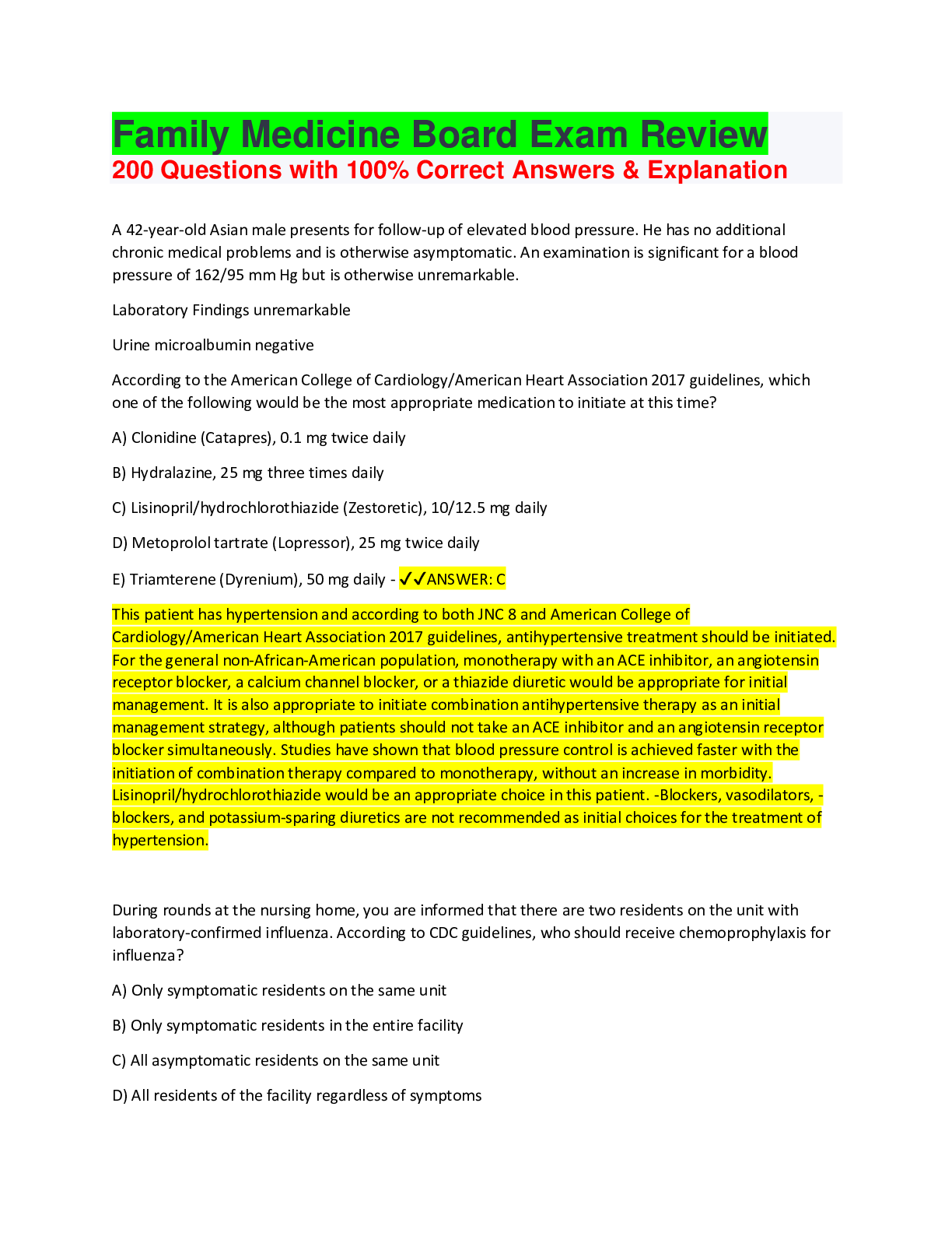 Family Medicine Board Exam Review 200 Questions with 100 Correct