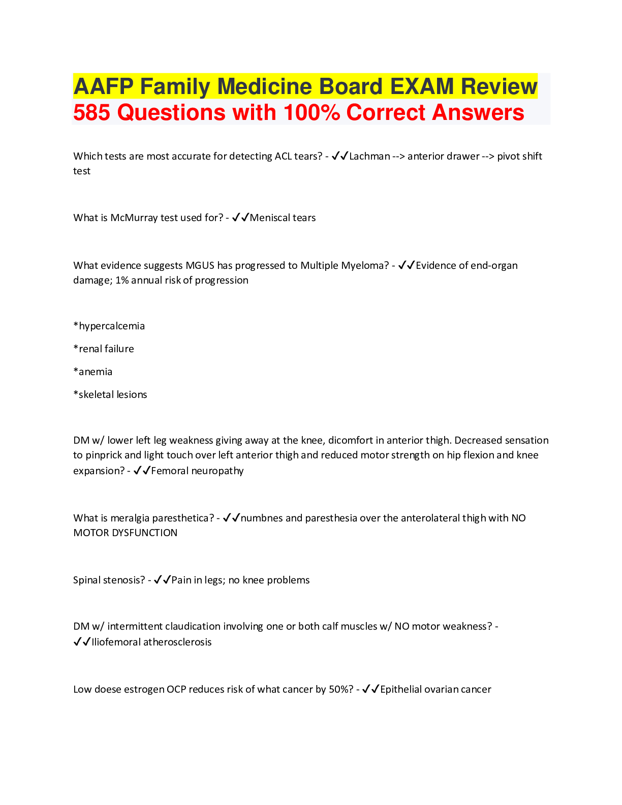AAFP Family Medicine Board EXAM Review 585 Questions with 100 Correct