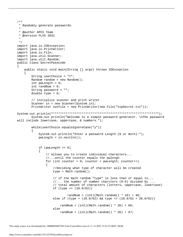 SecretPasscode.java Michigan Virtual School CS 110