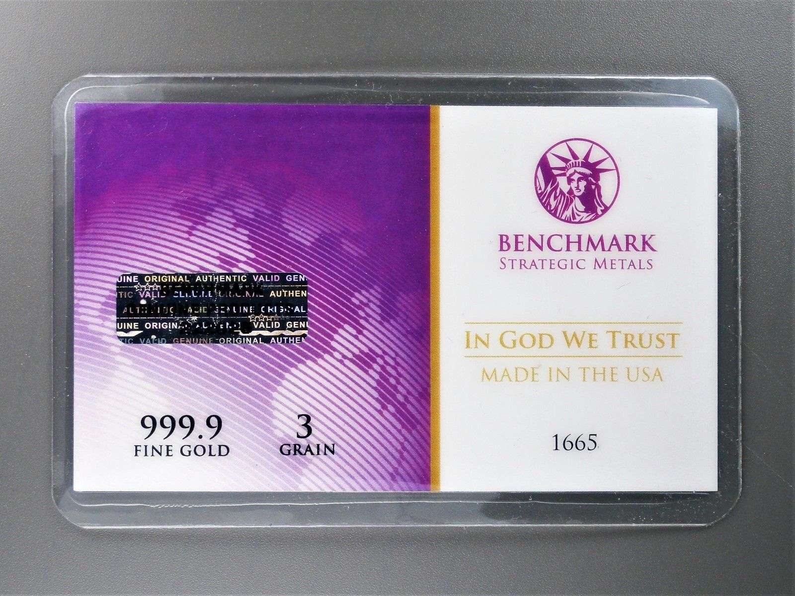 1/5th Gram Bar 24K 999.9 Fine Gold Bullion in sealed cert card 14b Benchmark Strategic Metals