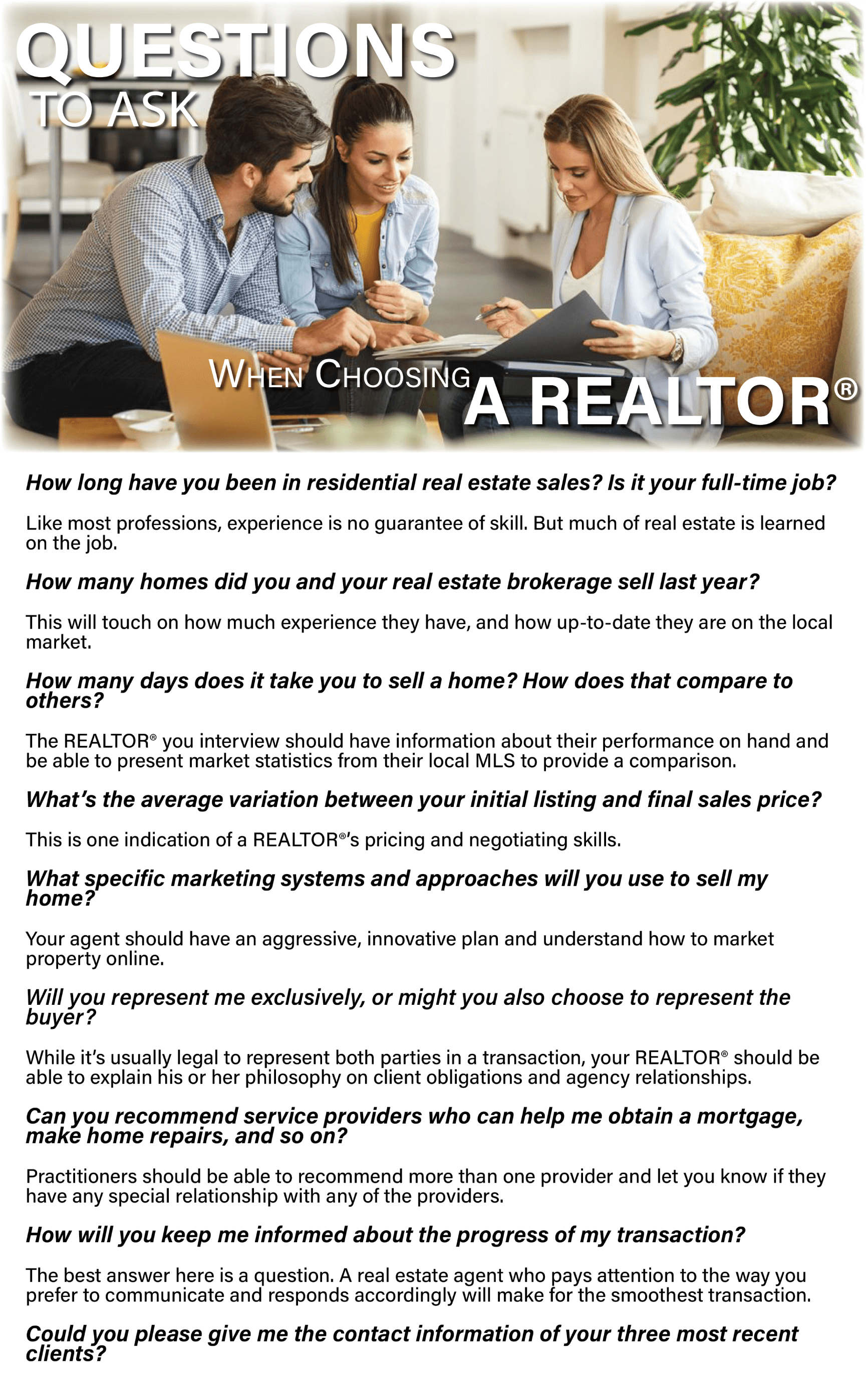 QUESTIONS TO ASK WHEN CHOOSING A REALTOR Wasatch Front Real Estate