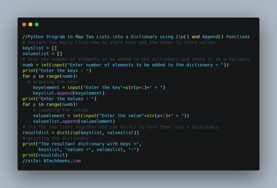 Python zip two lists into dict Python Program to Map Two Lists into a
