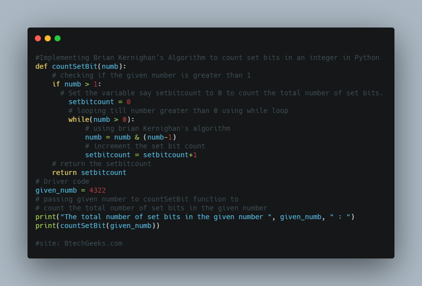 Brian Kernighan’s Algorithm to count set bits in an integer in C++ and
