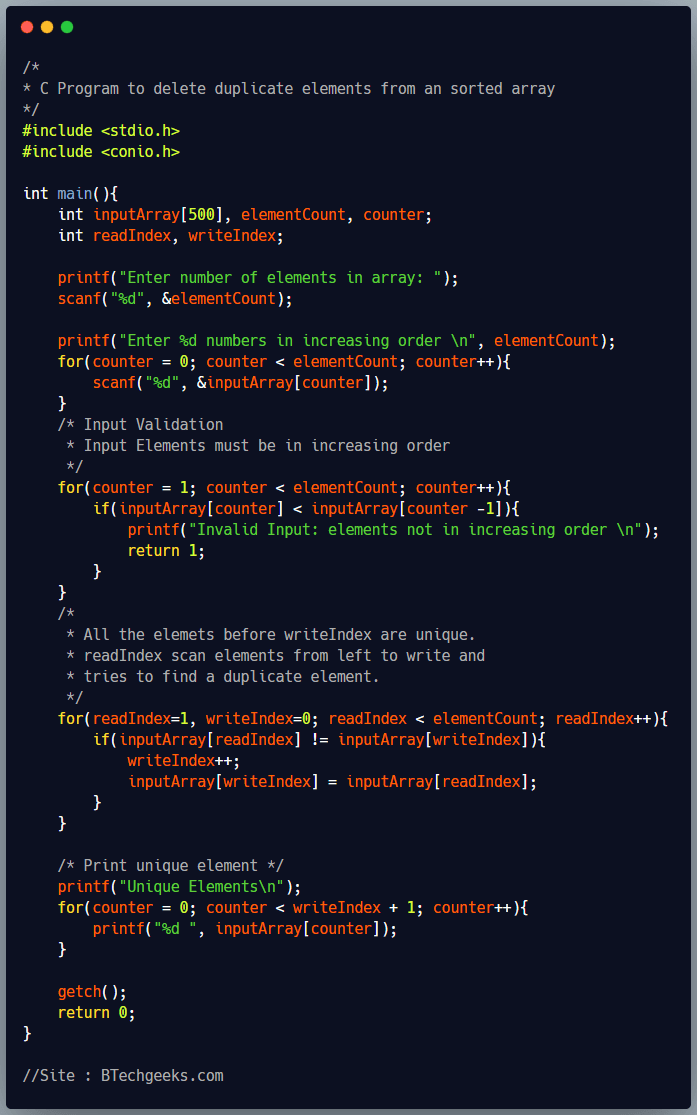 C Program to Delete Duplicate Elements from a Sorted Array BTech Geeks