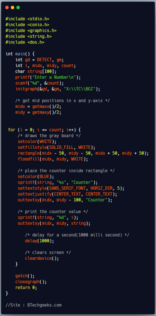 Counter program in c C Program to Make a Counter Using C Graphics