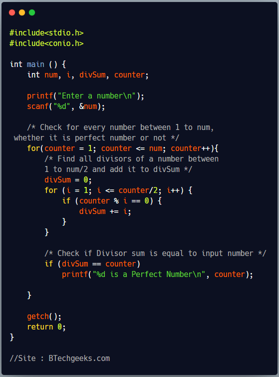 C Program to Print all Perfect Numbers Between 1 to N BTech Geeks