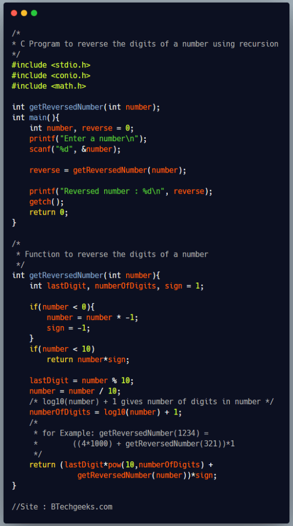 C Program to Reverse a Number Using Recursion BTech Geeks