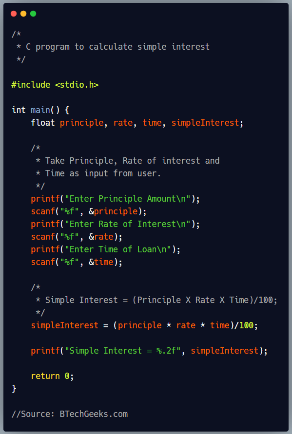 C Program to Calculate Simple Interest BTech Geeks
