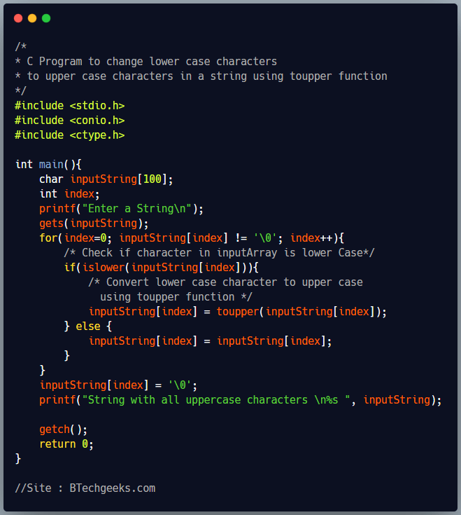 To uppercase in c C Program to Convert Lowercase String to Uppercase BTech Geeks