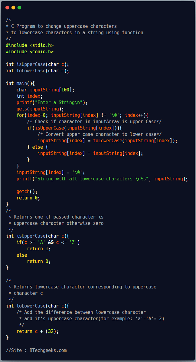 C Program to Convert Uppercase String to Lowercase BTech Geeks