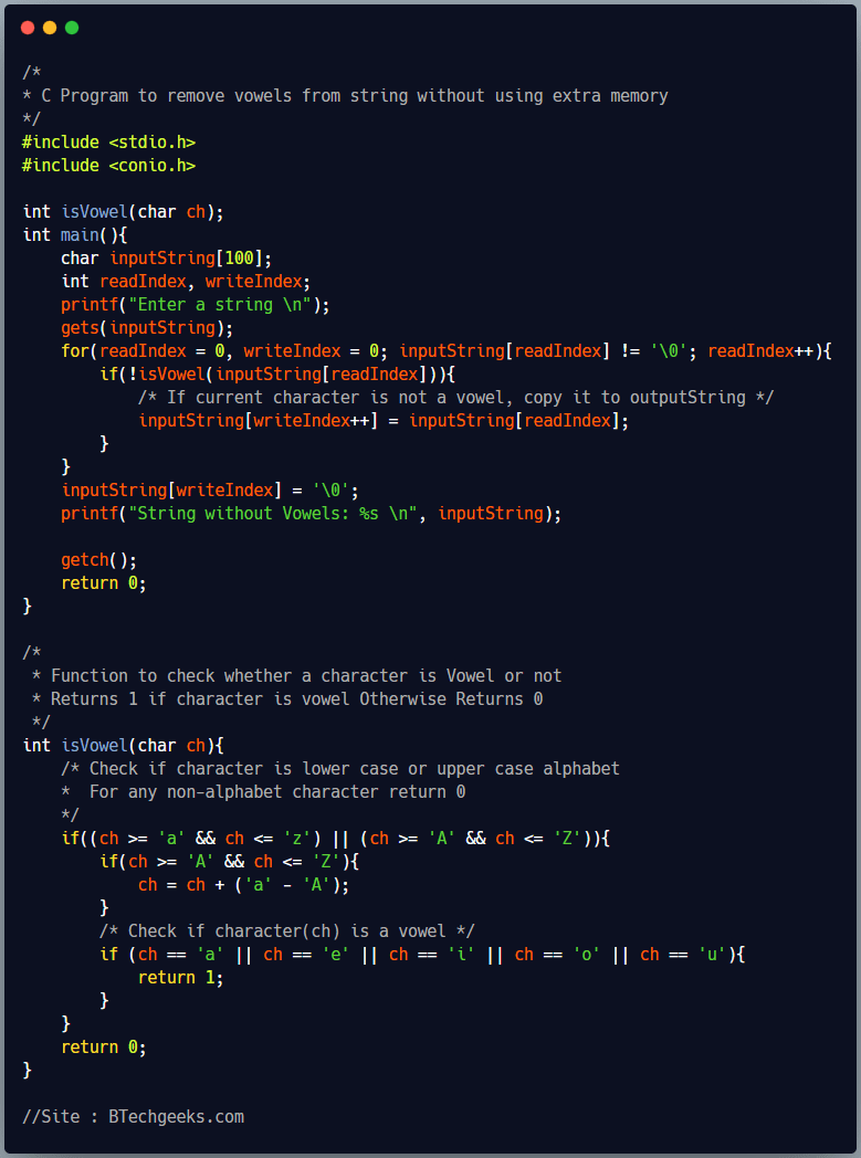 C Program to Delete Vowel Alphabets From a String BTech Geeks