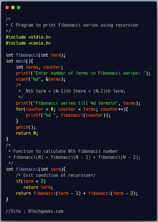 C Program to Print Fibonacci Series using Recursion BTech Geeks