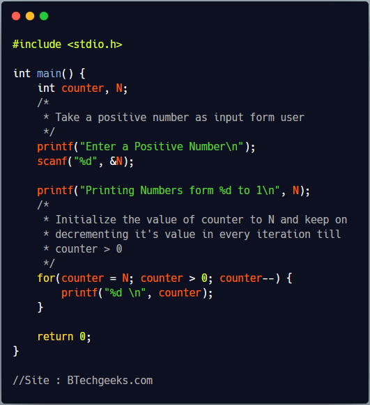 C Program to Print Natural Numbers in Reverse Order from 1 to N using