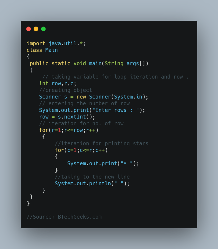 Java Program to Print Right Triangle Star Pattern. BTech Geeks
