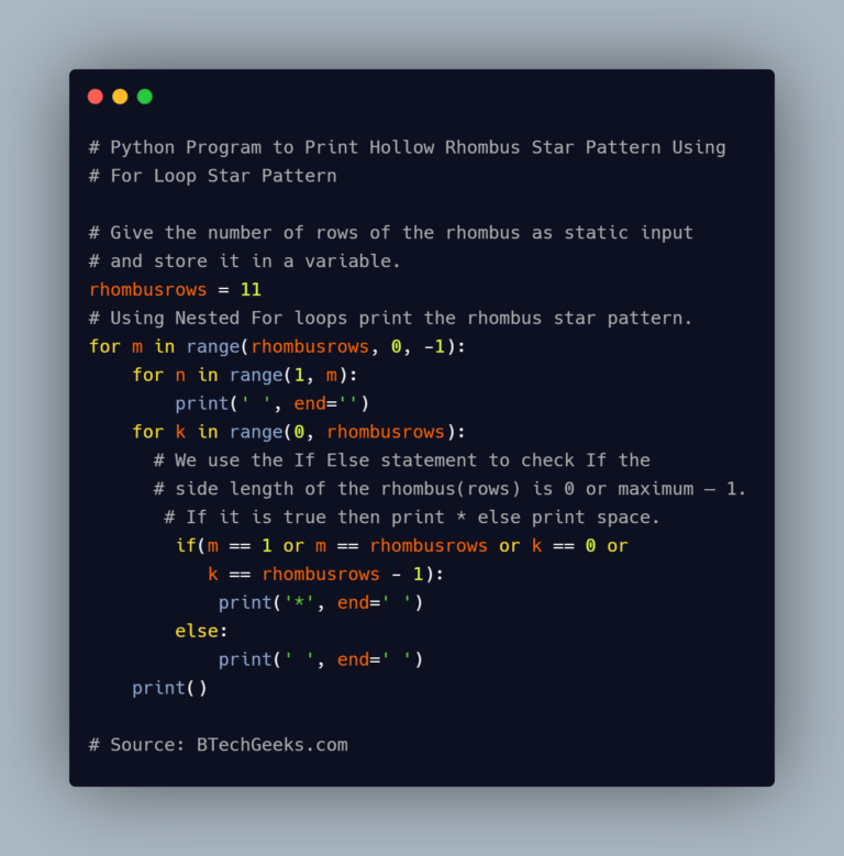 Python Program to Print Hollow Rhombus Star Pattern BTech Geeks