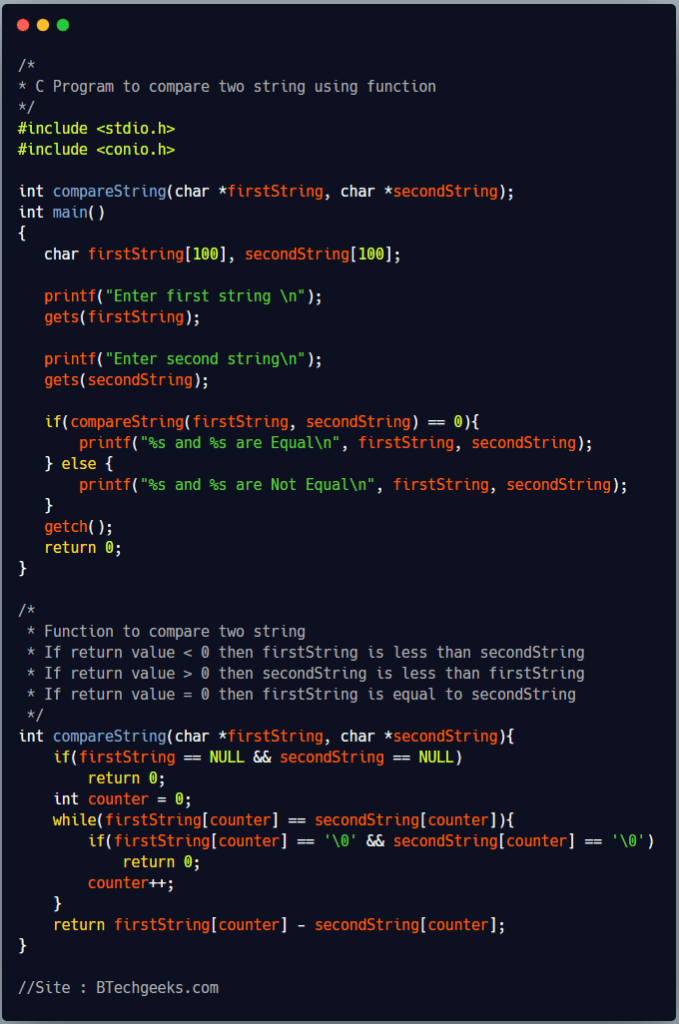 How to compare two strings in c C Program to Compare Two Strings BTech Geeks