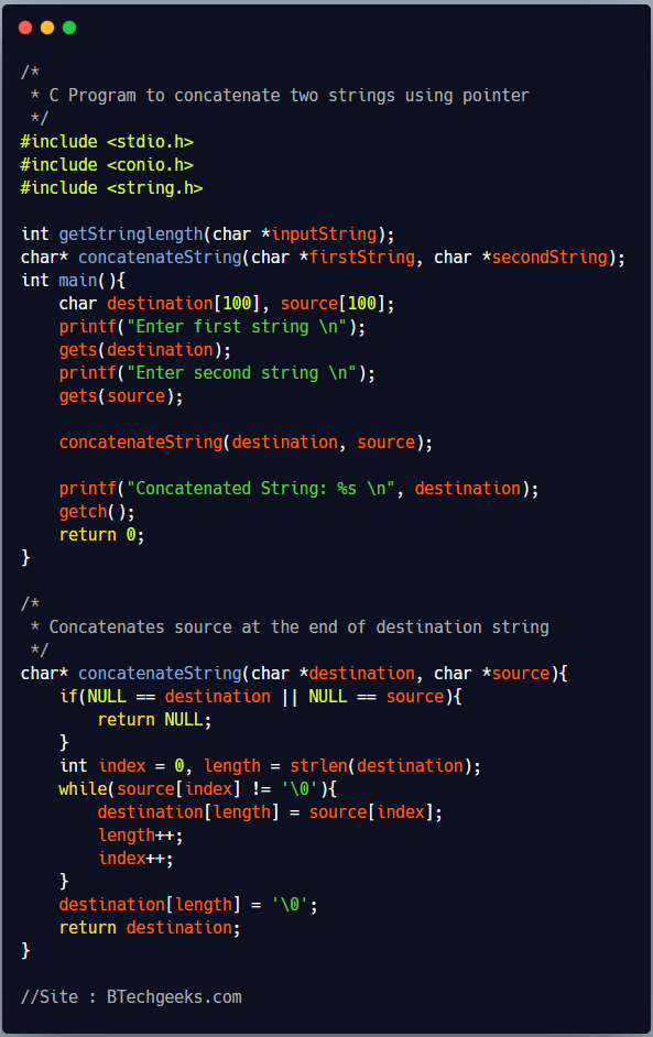 Append string in c C Program to Concatenate Two Strings BTech Geeks