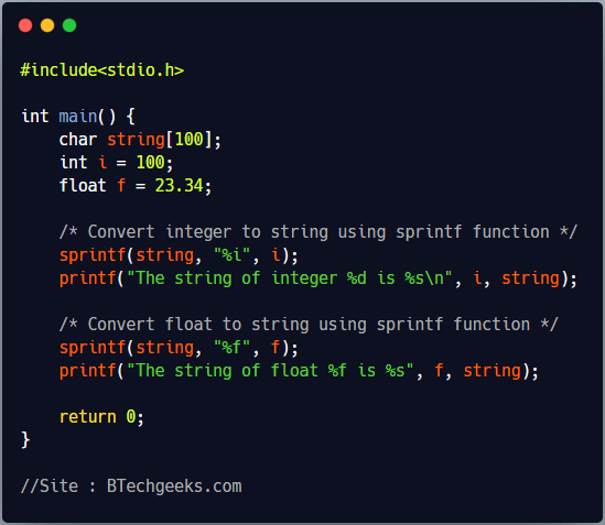 C program to convert any number to string using sprintf function