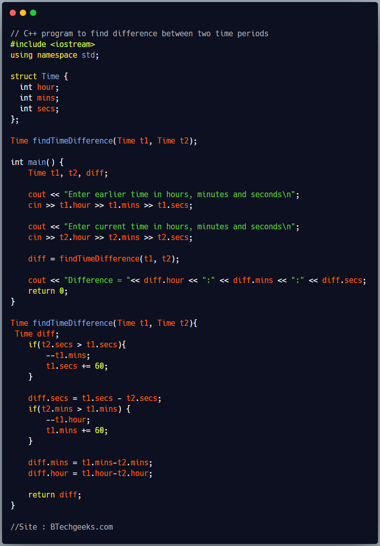C++ Program to Calculate Difference Between Two Time Periods Using