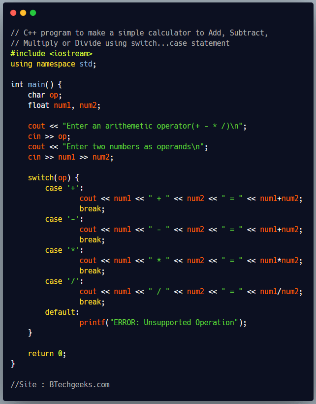 Calculator using switch case in python C++ Program to Make a Simple