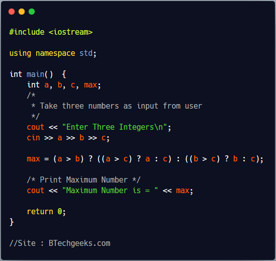 C++ Program to Find Largest of Three Numbers BTech Geeks