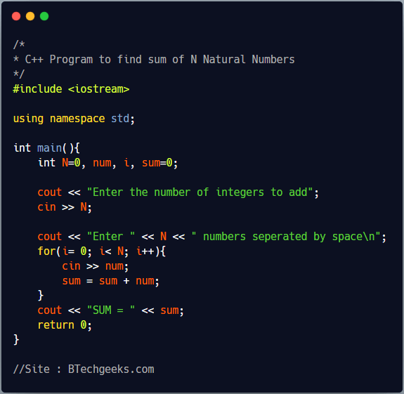 C++ Program to Find Sum of Natural Numbers BTech Geeks