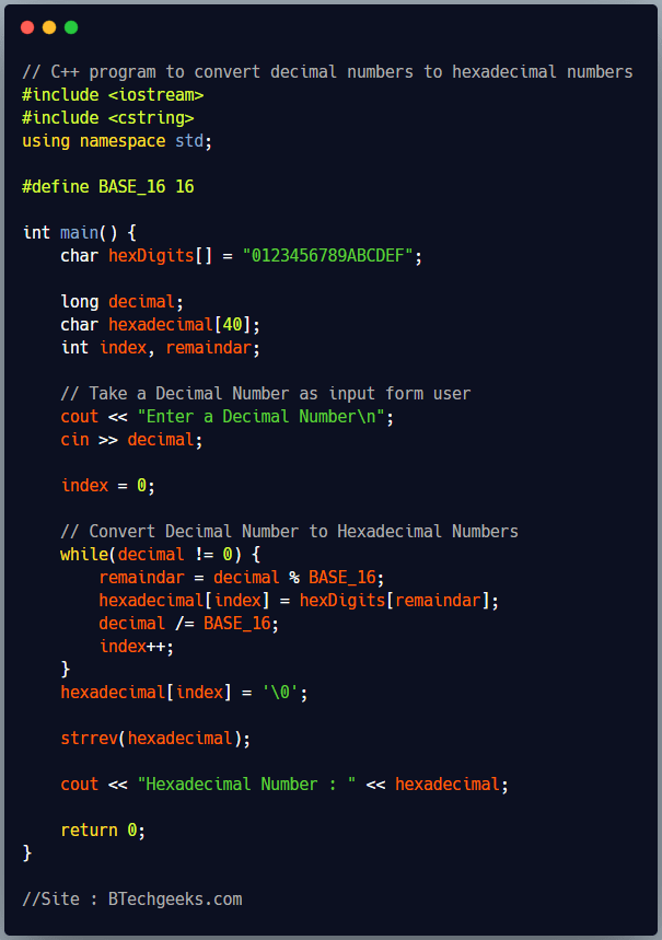 Convert decimal to hex c++ C++ Program to Convert Decimal Number to