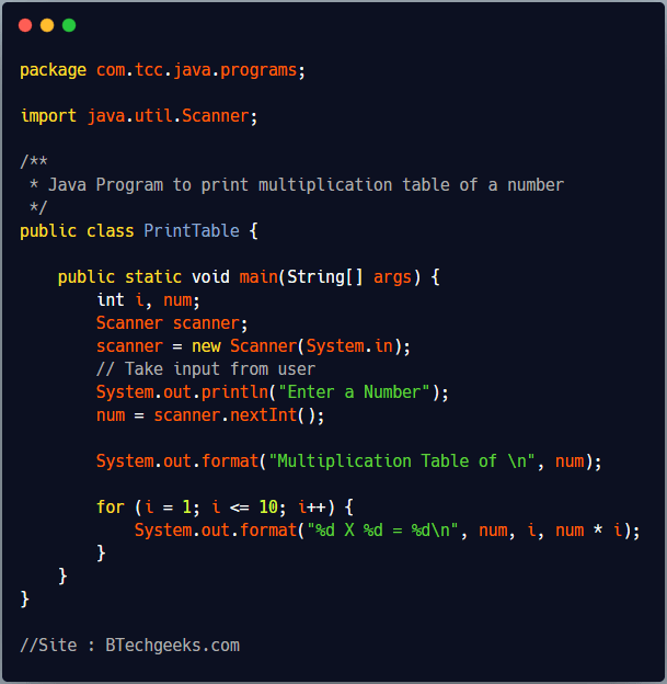 Java Program to Print Multiplication Table of Number BTech Geeks