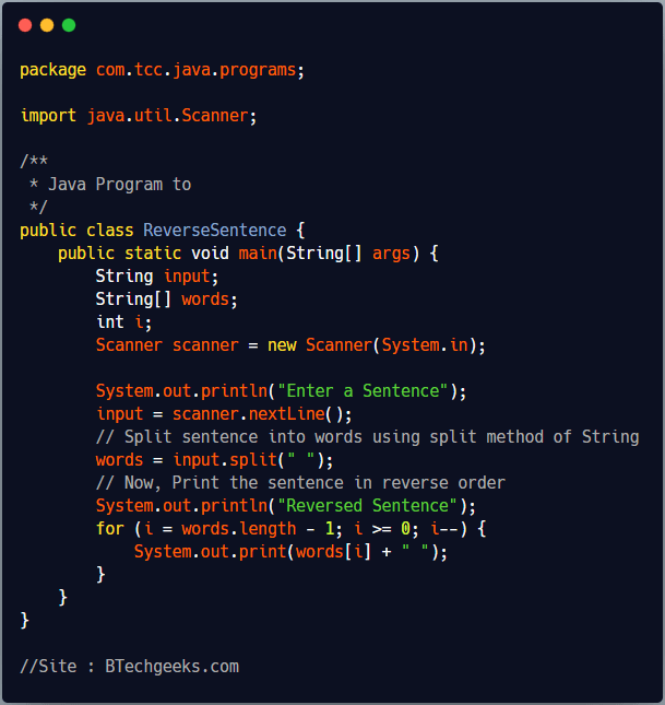 Java Program to Reverse Words of a Sentence BTech Geeks