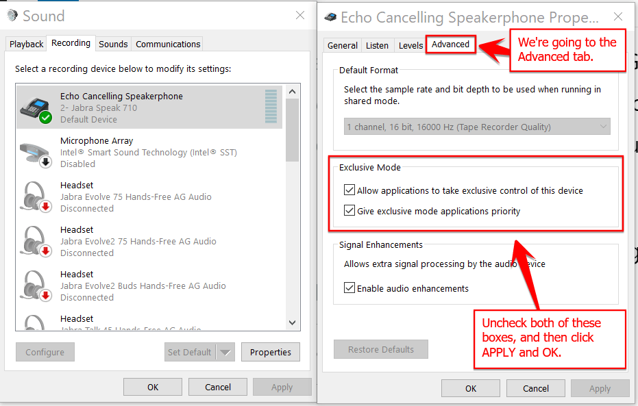 Turning Off Exclusive Mode for Softphones