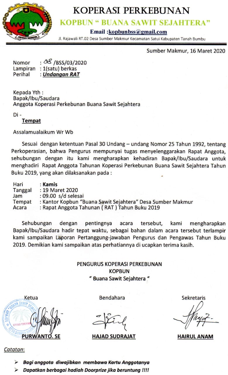 Rapat Anggota Tahunan 2019 (Undangan) - &ldquo;Buana Sawit Sejahtera&rdquo;