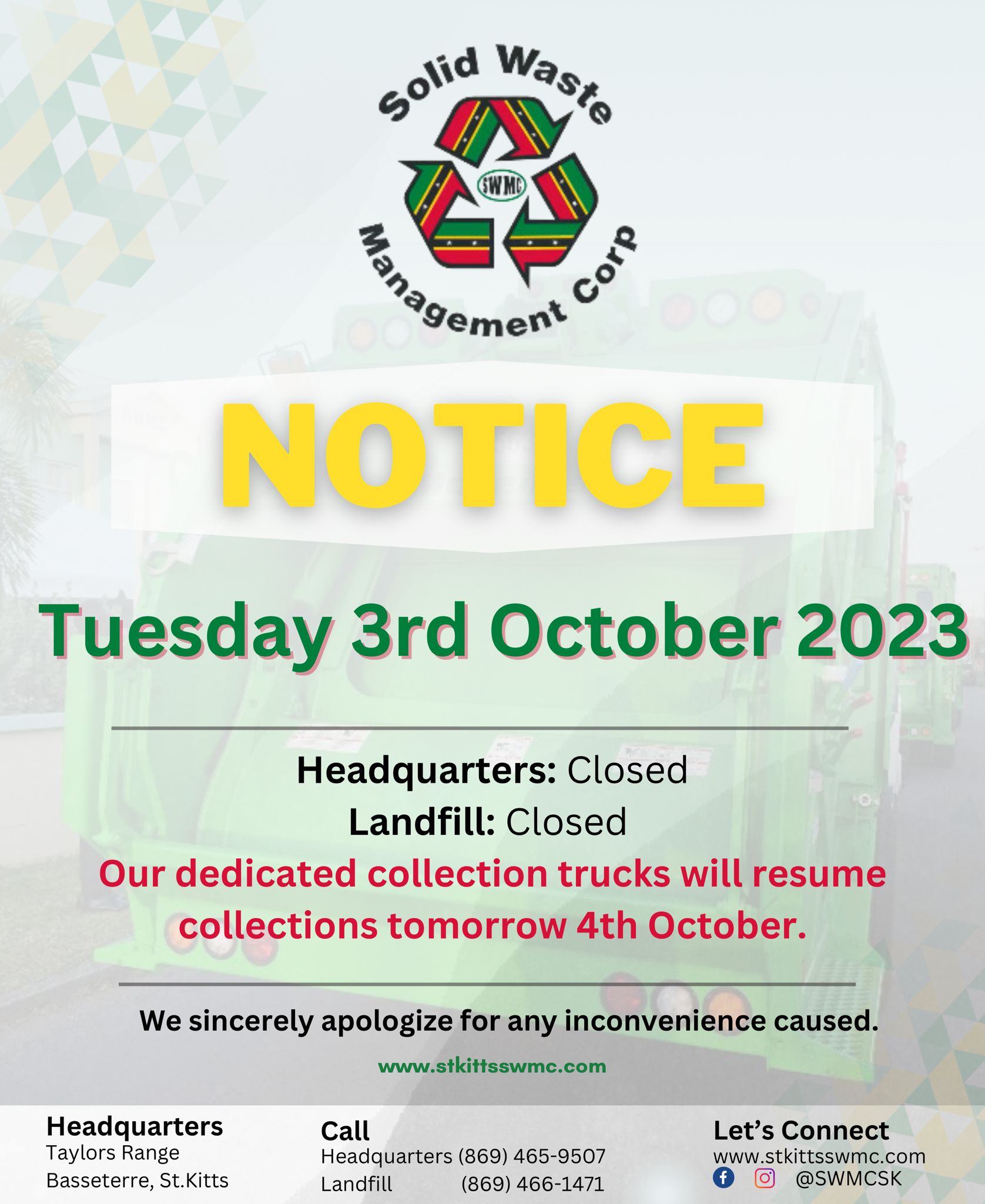 Solid Waste Headquarters & Landfill are closed today, October 3rd Buckie Got It