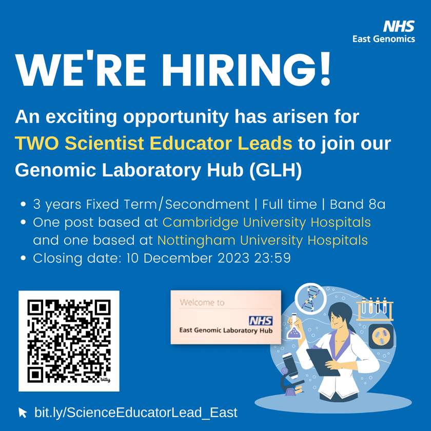 We're hiring! Two Science Educator Leads sought East Genomics
