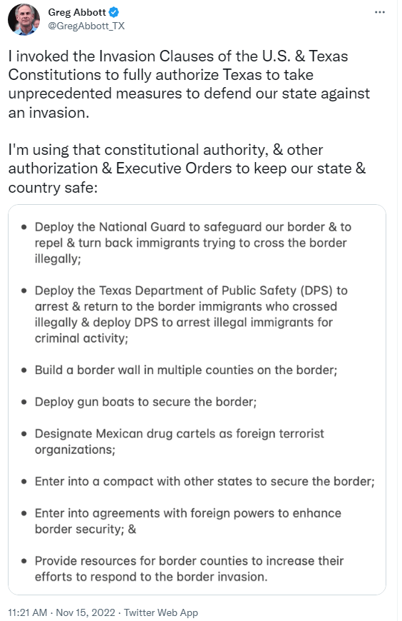 Abbott invokes INVASION CLAUSE of US & TX Constitutions American