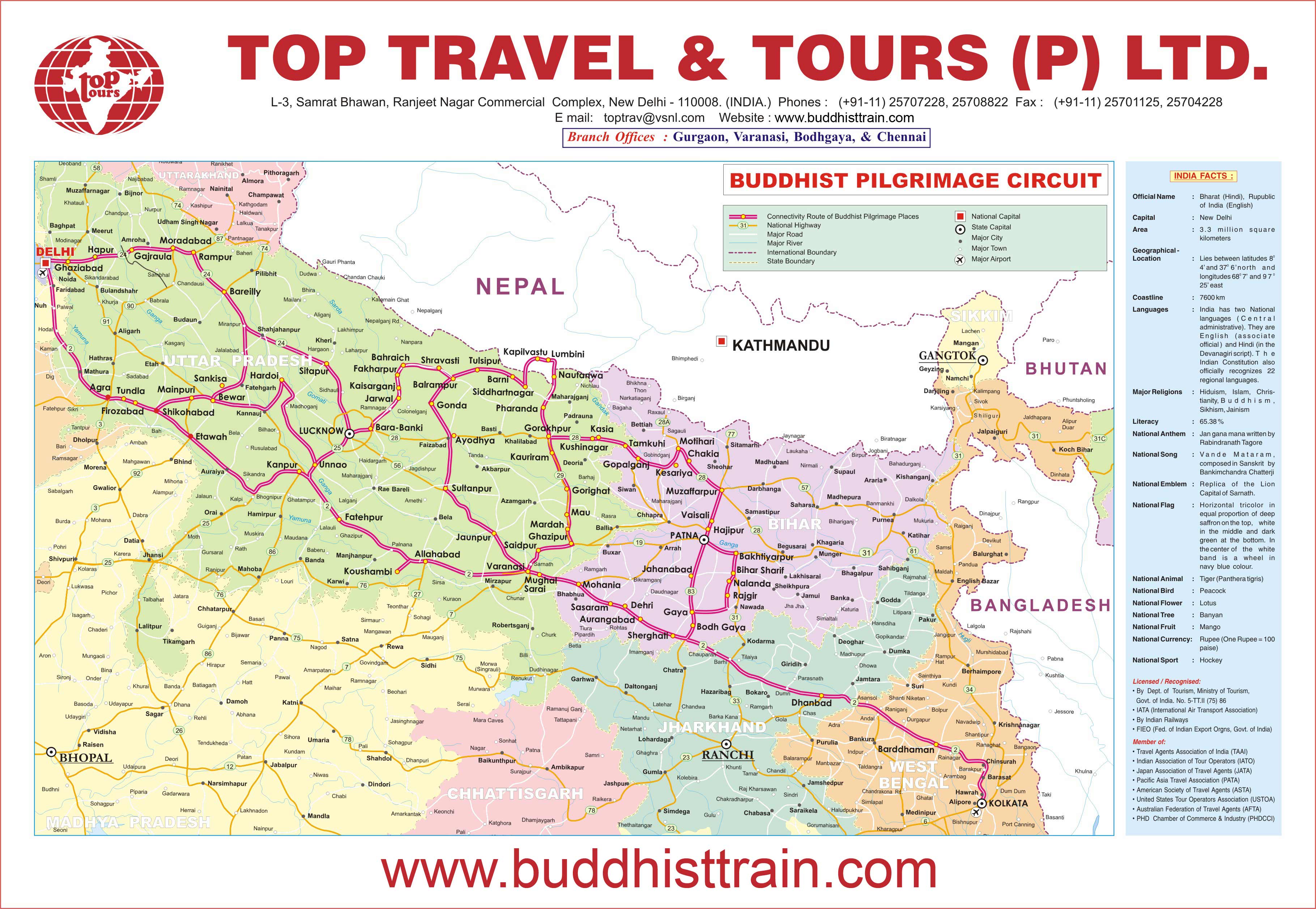 Buddhist Circuit Map, Buddhist Pilgrimage Circuit Tour Map, Buddhist